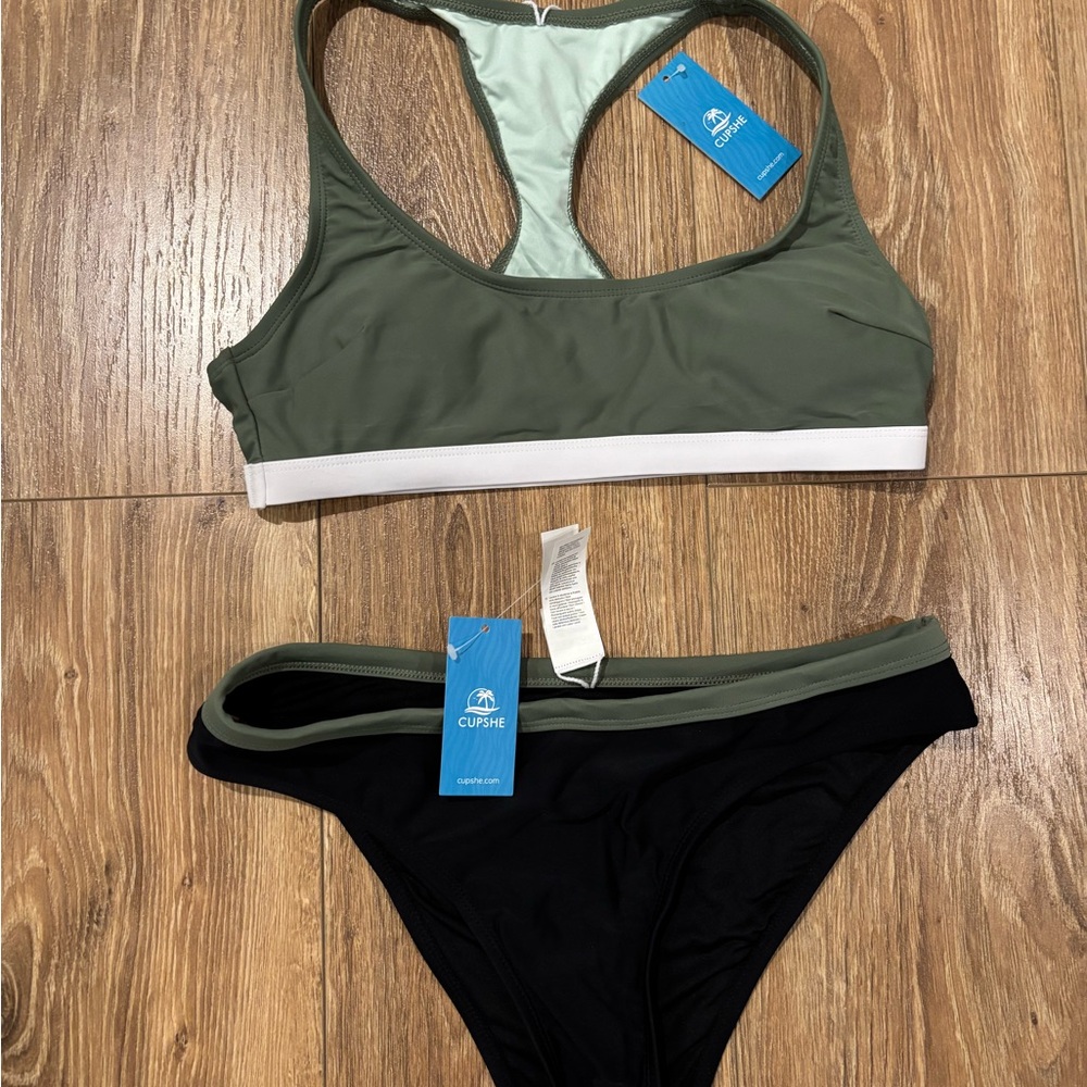 Cupshe Green and Black Bikini Set Minimalist Swimwear